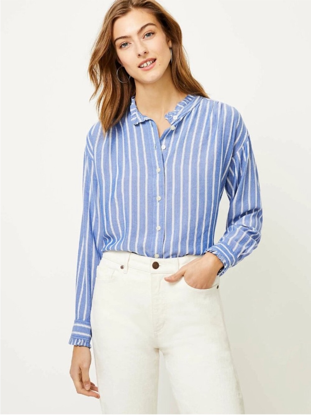 Euc LOFT Blue and White Striped Button-Down Shirt XL - Picture 7 of 7